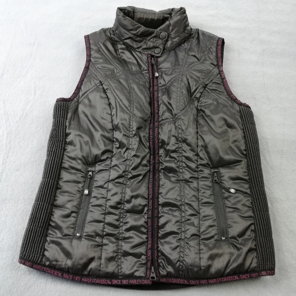 Harley Davidson Womens Vest Quilted Black Insulated Full Zip Packable Hood M